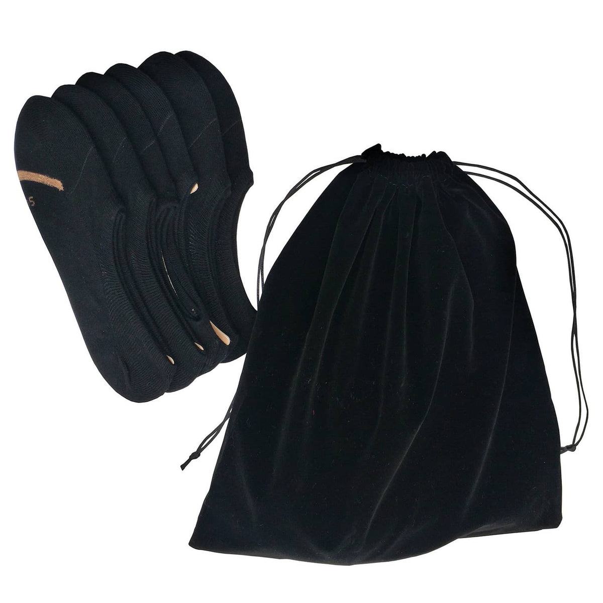 Set of black velvet drawstring pouch bags, one opened and one closed