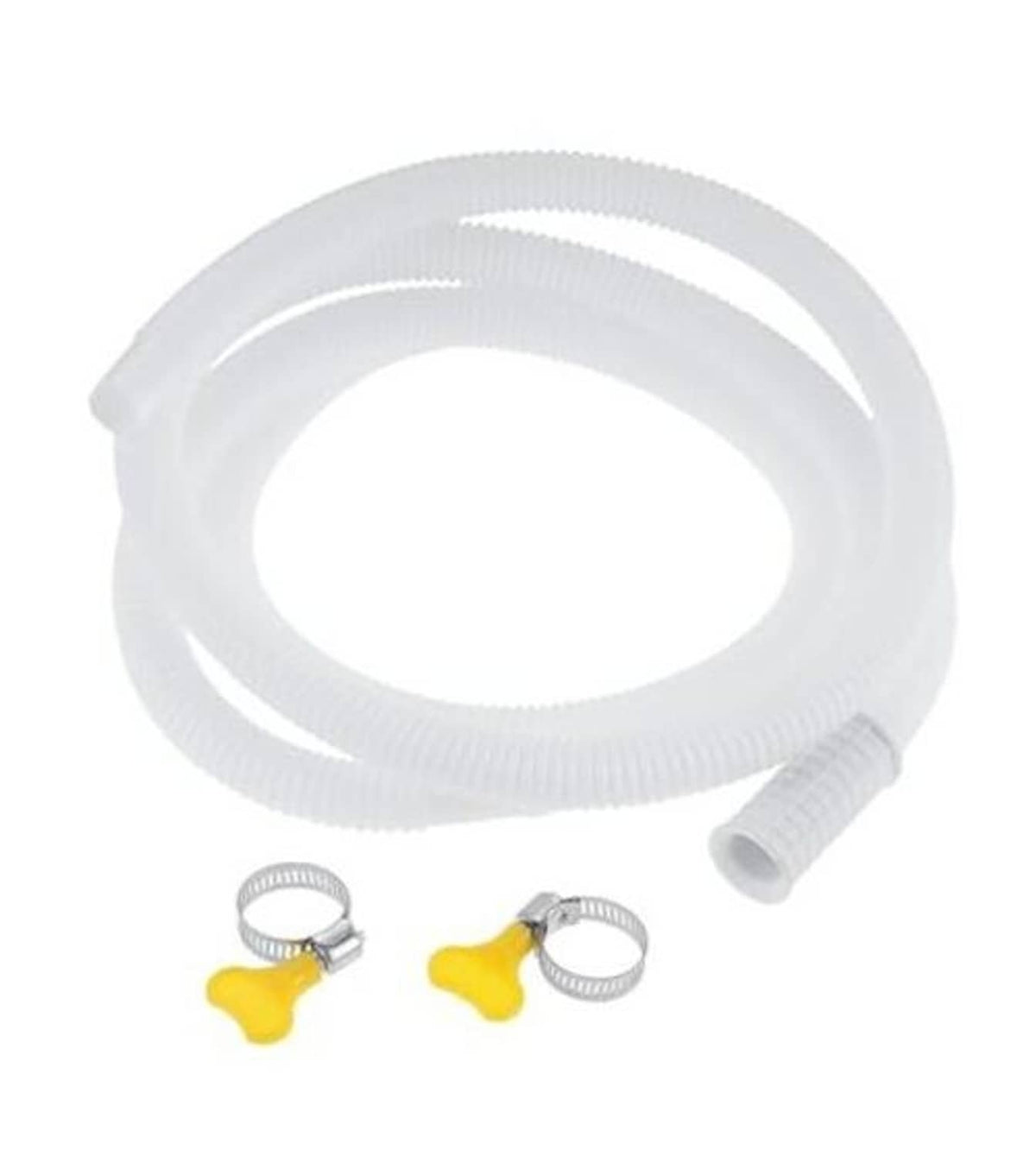 White corrugated drain hose with two metal clamps and yellow tightening knobs