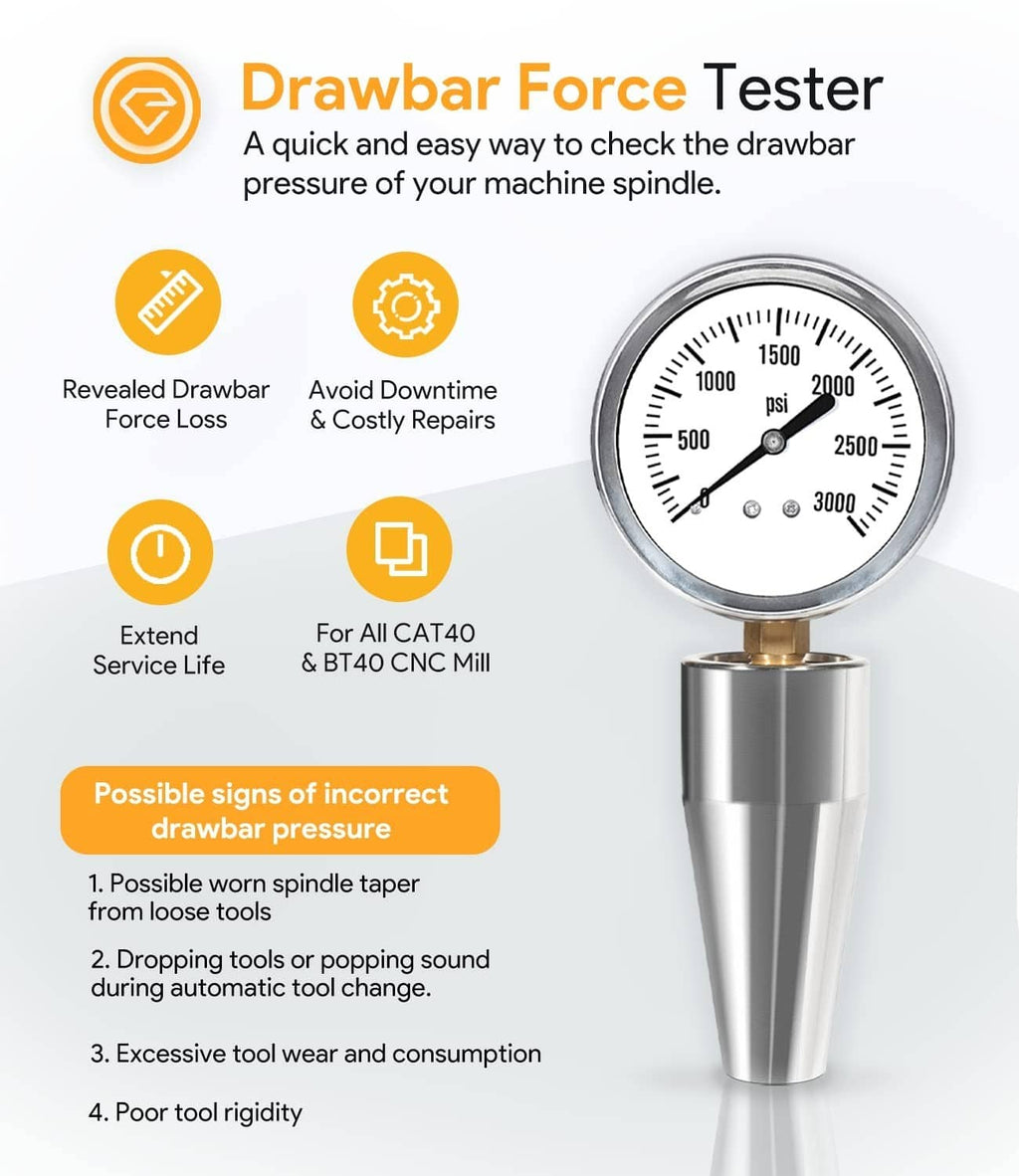 Drawbar force tester with large round dial gauge on polished metal cylinder body
