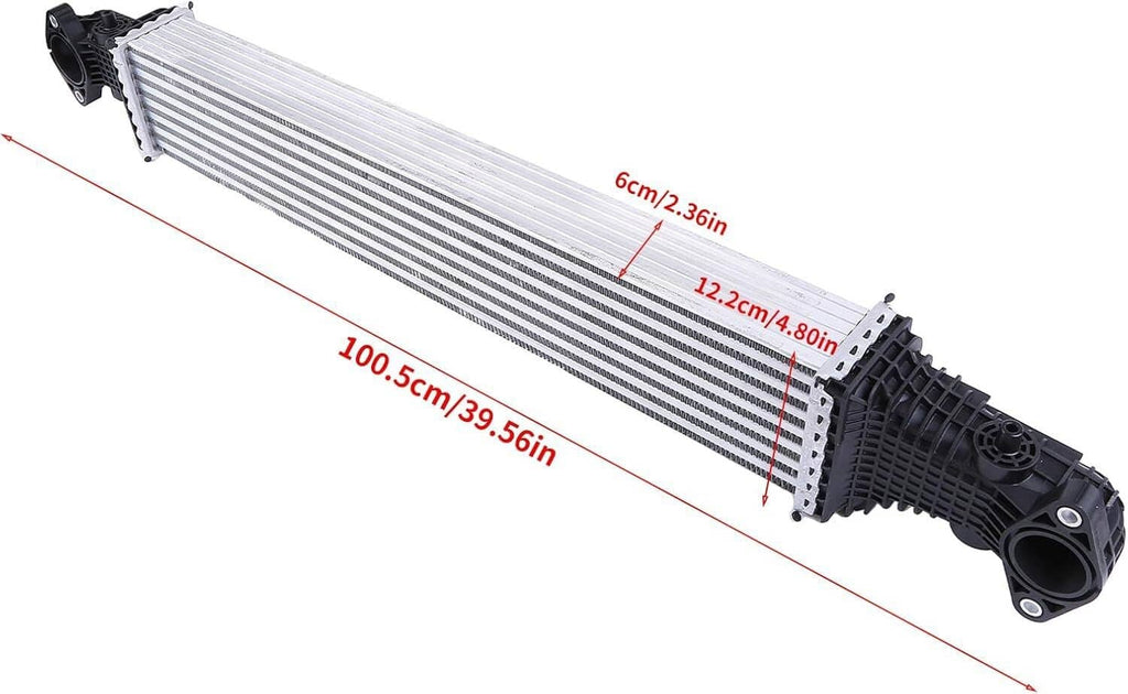 Turbo charge air intercooler showing silver fin core with black plastic end assemblies