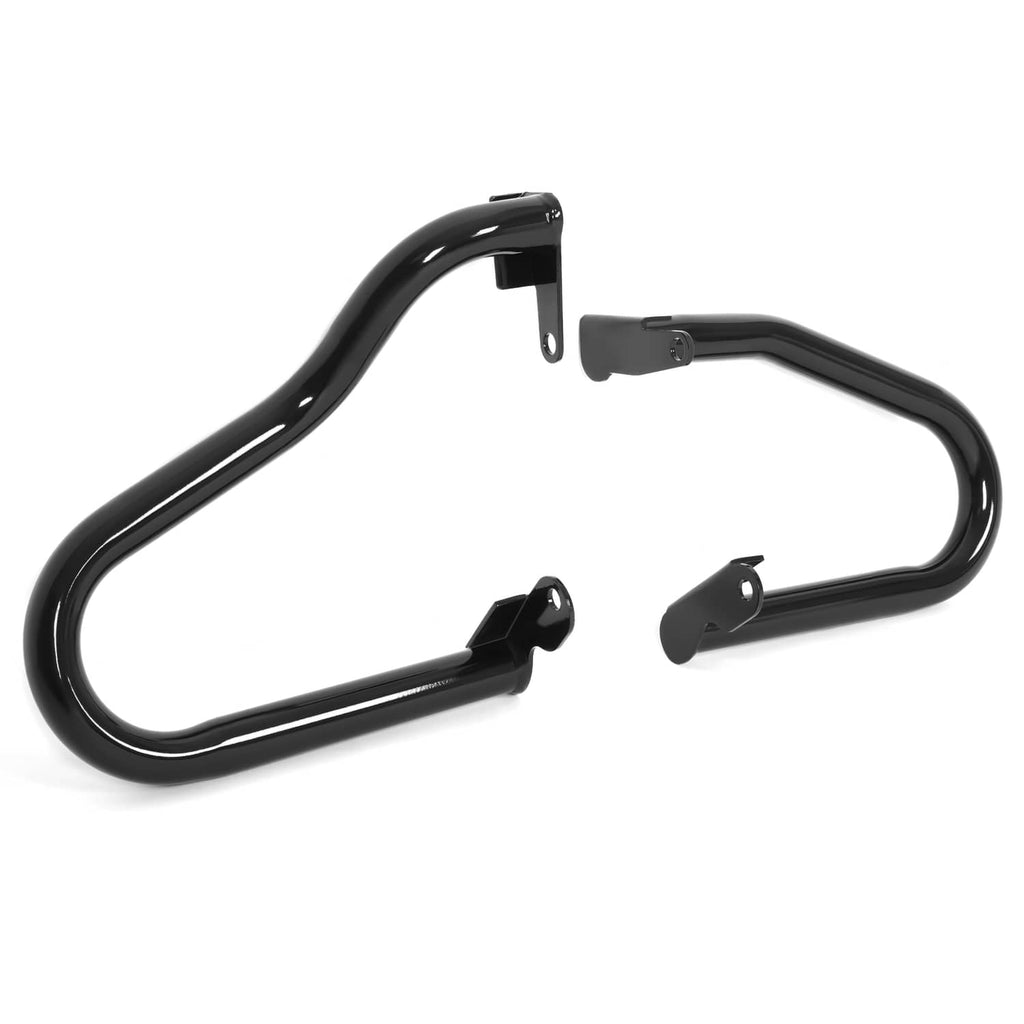 Black tubular engine guard crash bars with base mounts, angled front view