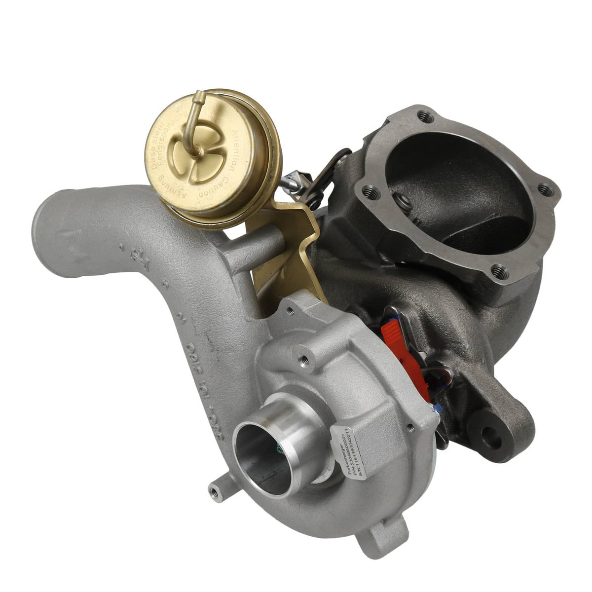 Turbocharger assembly with gold compressor cover, silver piping, and black turbine housing