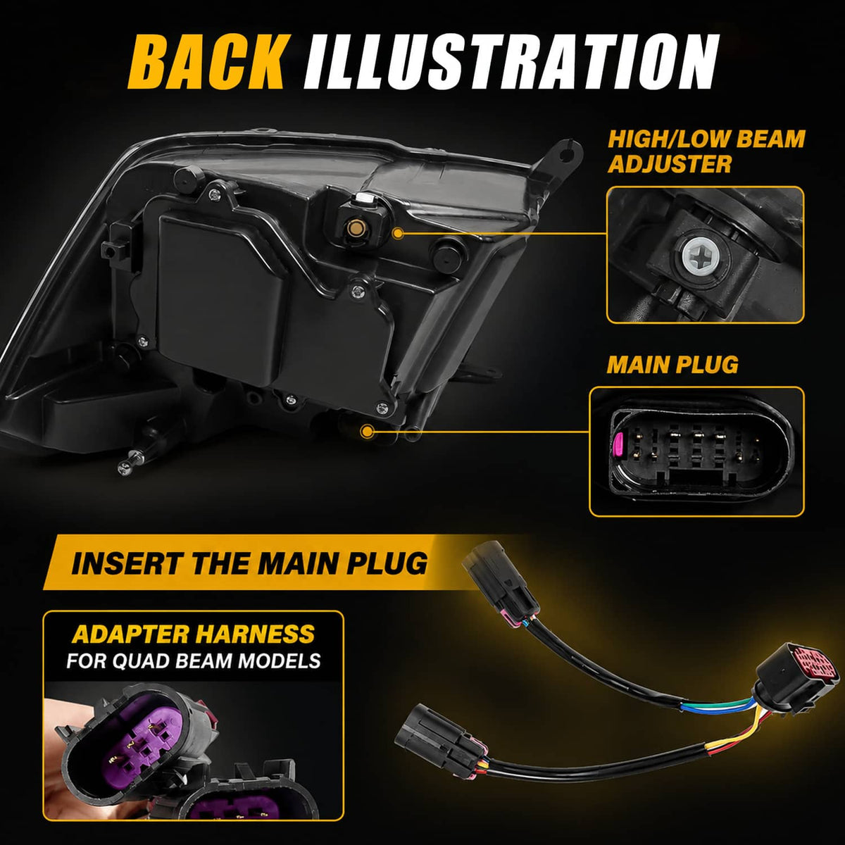 Rear view of projector headlight housing with main plug and high/low adjuster