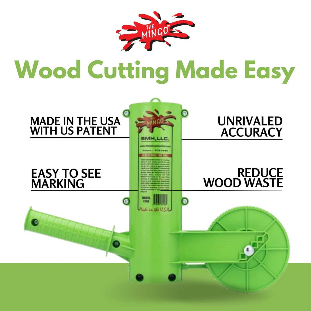 Green firewood marking tool diagram with measuring handle and marking wheel.