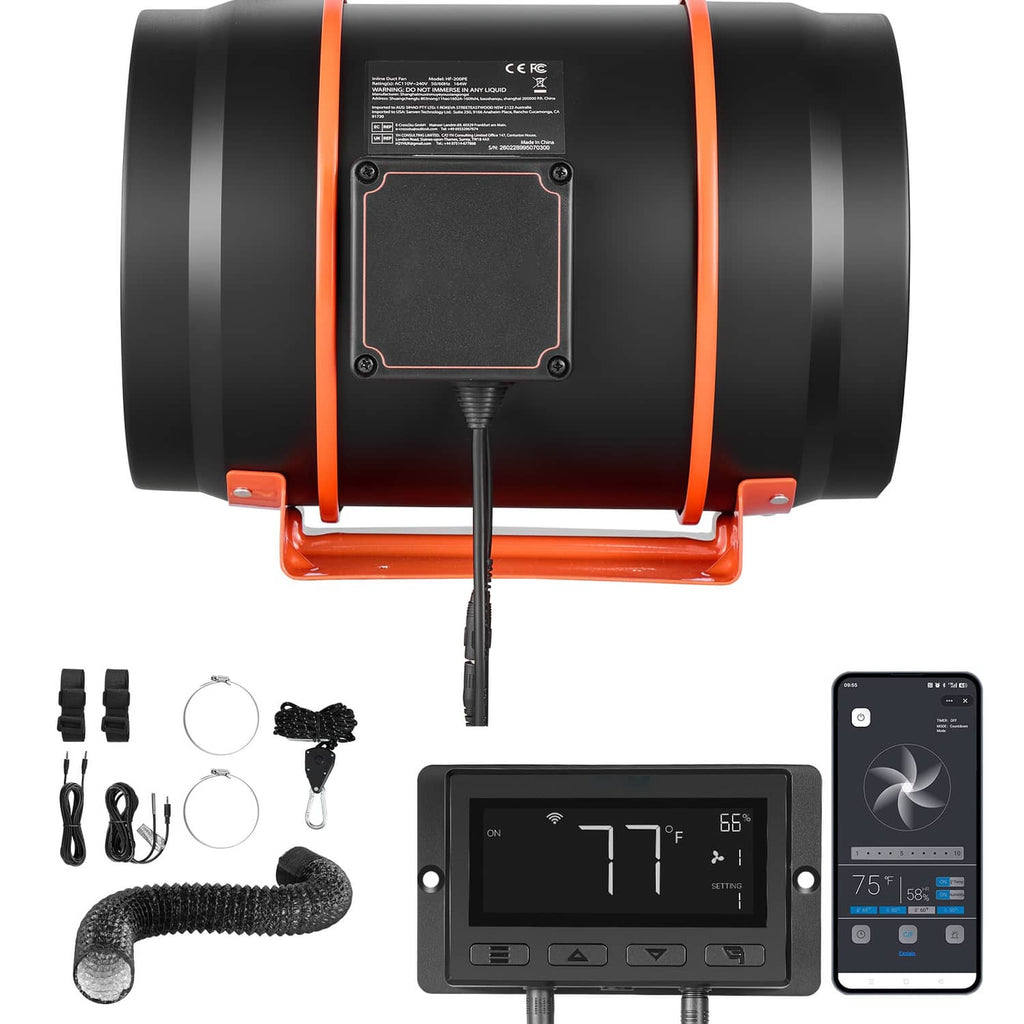 Inline duct fan kit with LCD controller, app remote, sensors, and cables
