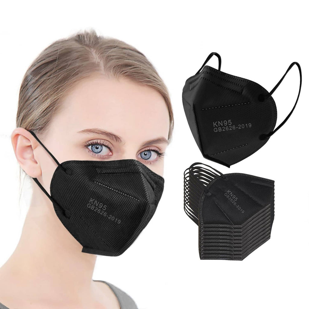 Black KN95 face mask worn by person, with ear loops and molded front panel
