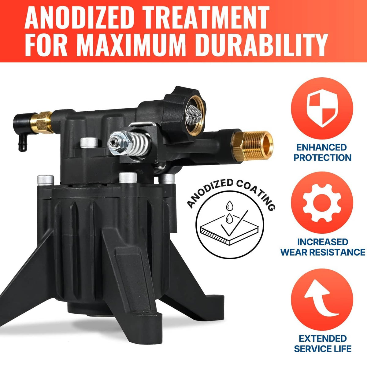 Black vertical pressure washer pump with brass threaded fittings, front angled view