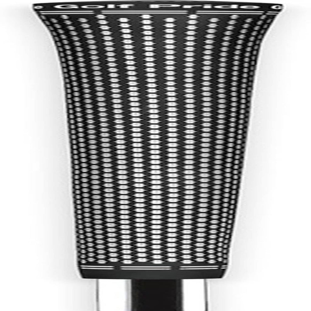 Black golf grip with tight repeating white stripes and black end section