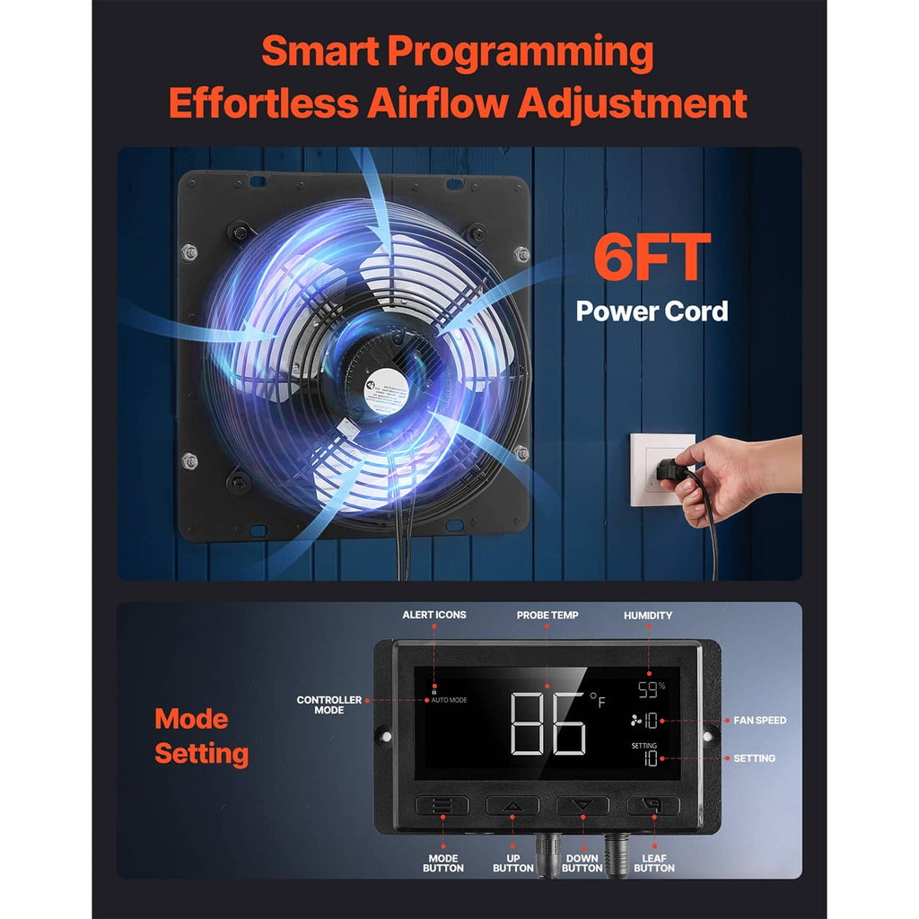 Smart wall exhaust fan control graphic with airflow adjustment and 6 ft power cord