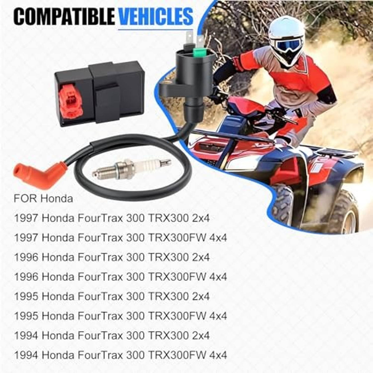 Ignition coil and CDI box kit with red connector, spark plug, and black cable