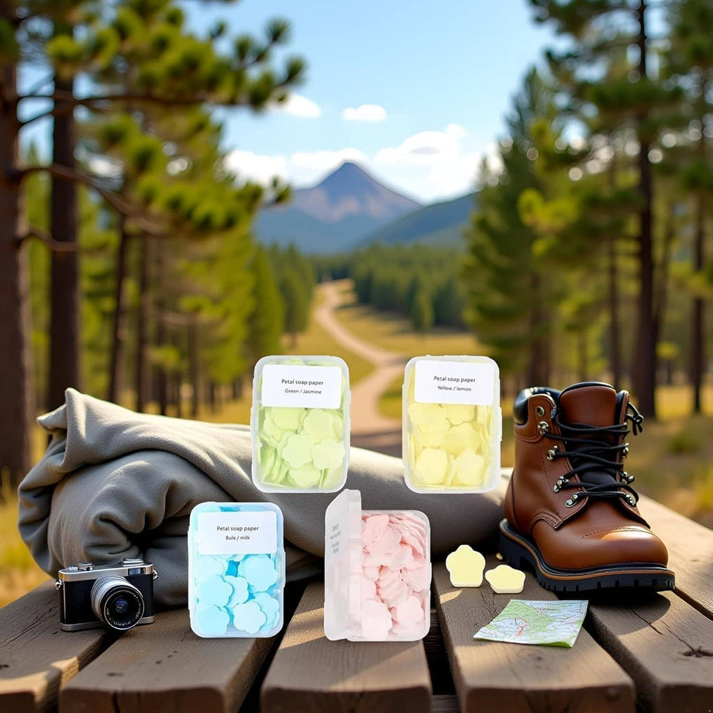Assorted petal soap paper containers in pastel colors: green, yellow, and pink