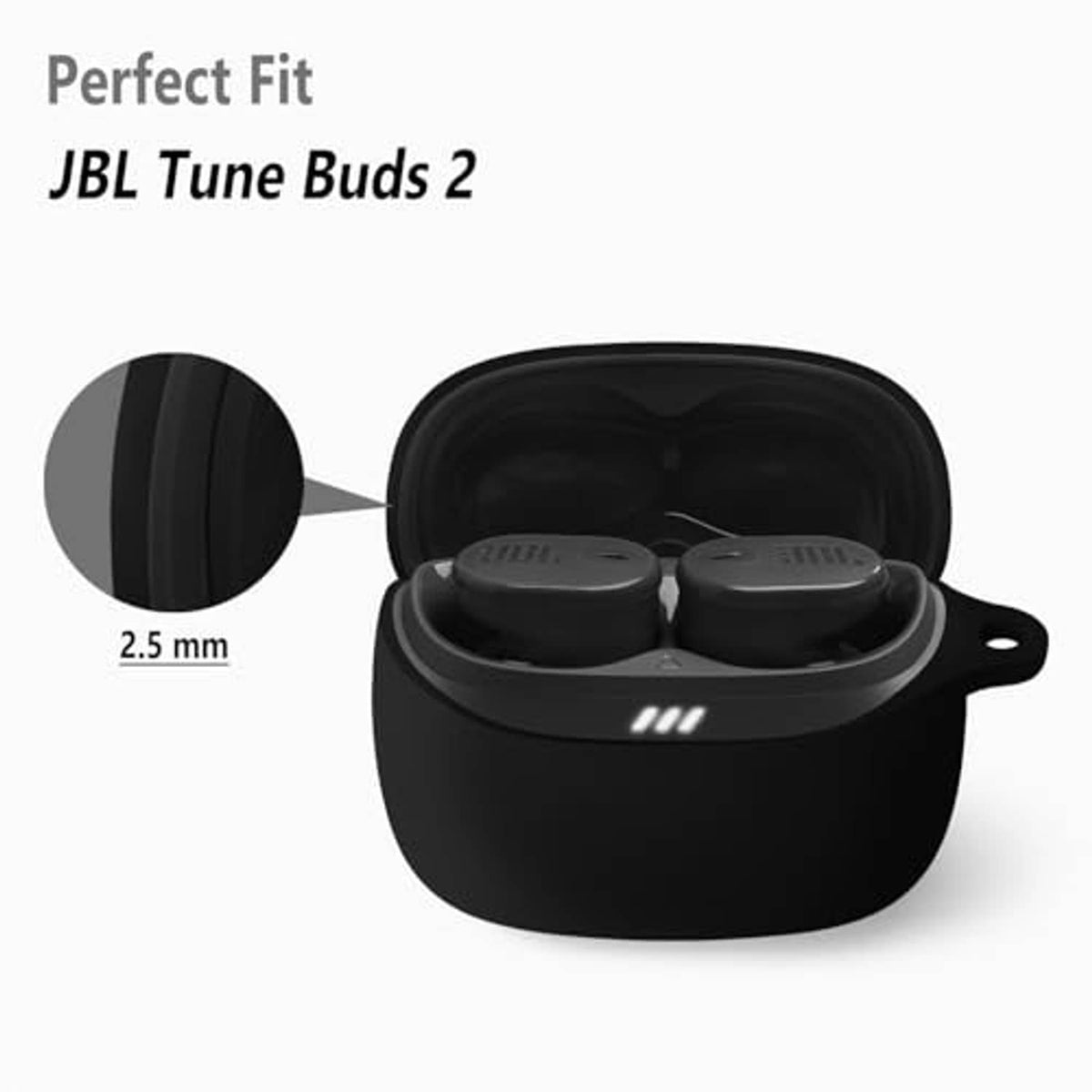 Black silicone earbuds case open with two earbuds seated inside protective shell.