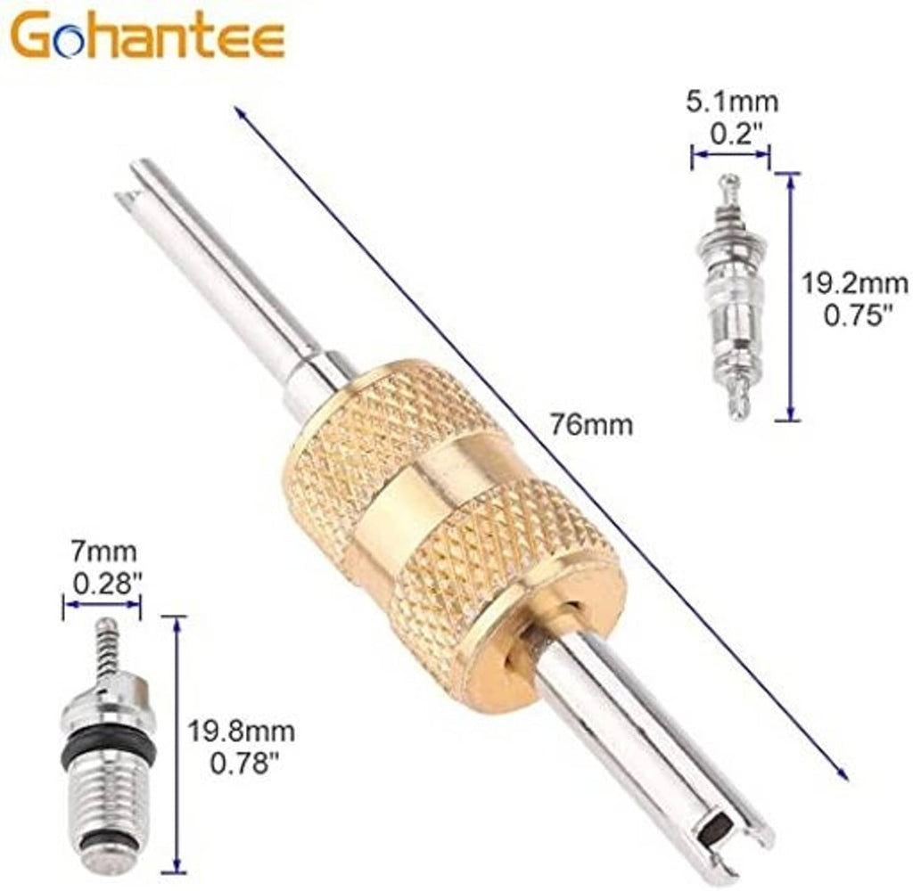 Brass A/C valve core removal tool with stainless tip and valve core, size shown