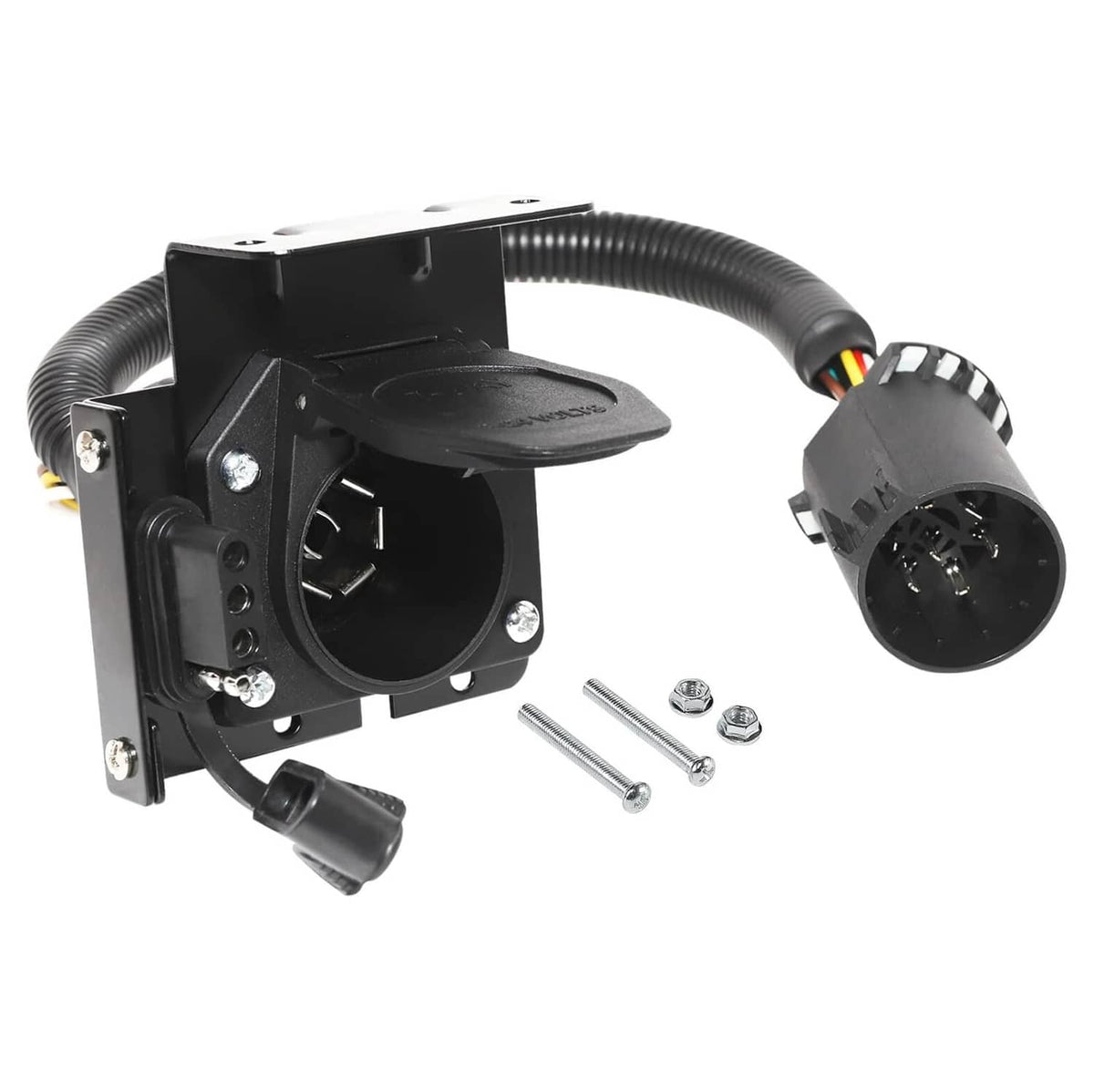7-way trailer wiring harness with round black socket, bracket, and flexible cable