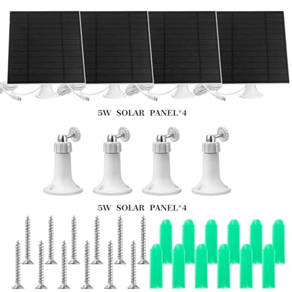 Solar panel kit with four black panels, four mounting brackets, and power leads