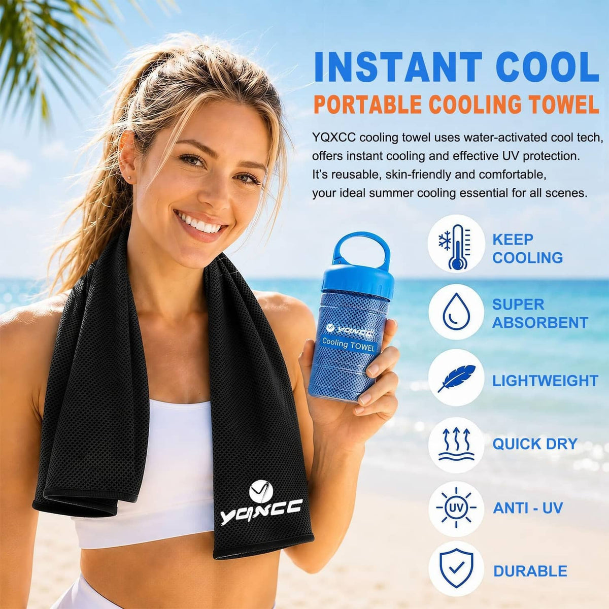 Blue cooling towel worn as neck wrap, held beside a matching blue bottle container