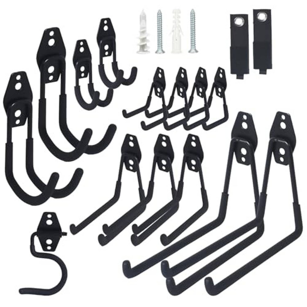 Black multi-hook garage storage kit with assorted mounting hardware and screws