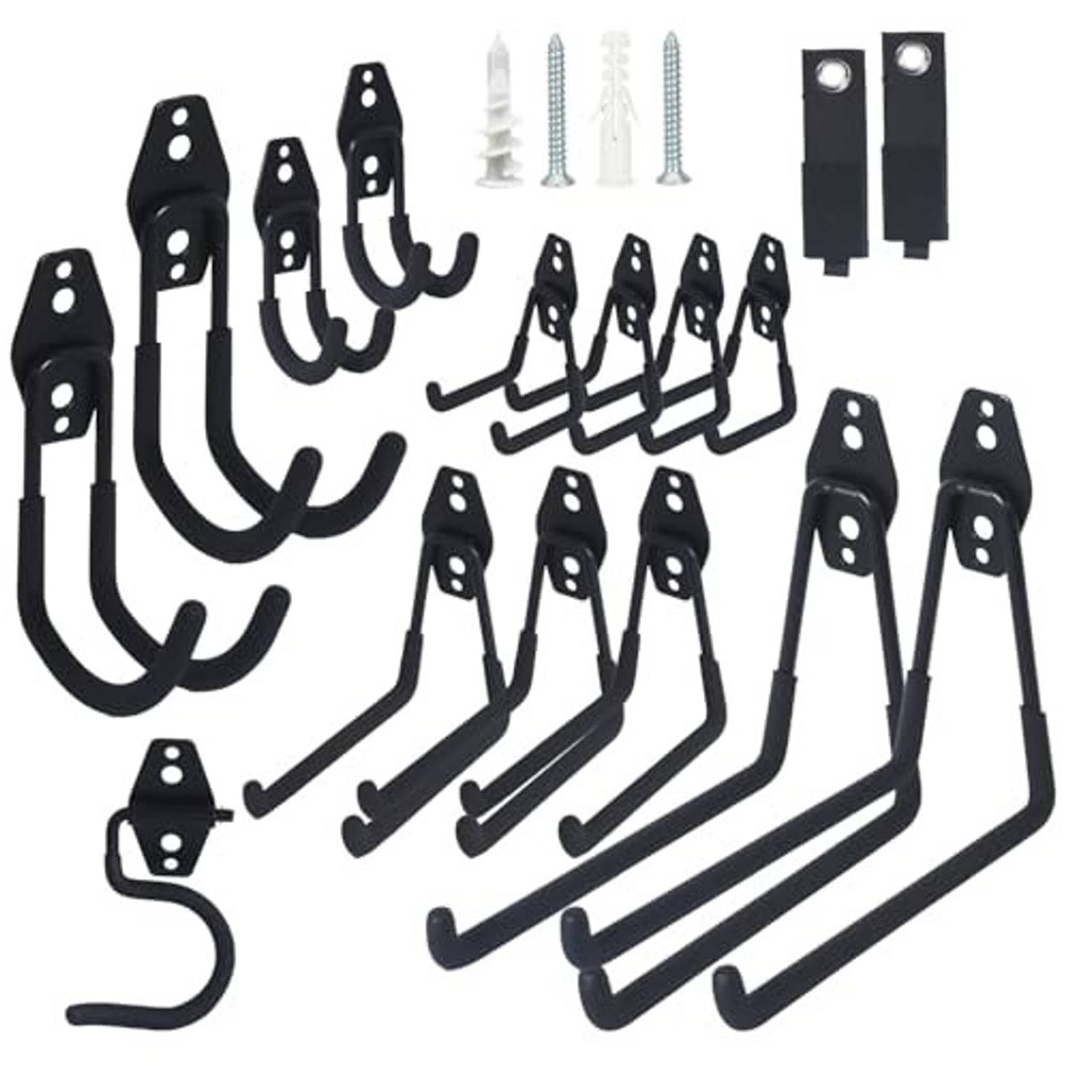 Black multi-hook garage storage kit with assorted mounting hardware and screws