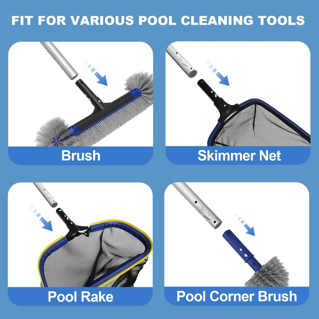 Pool cleaning tool set: brush, skimmer net, pool rake, and corner brush