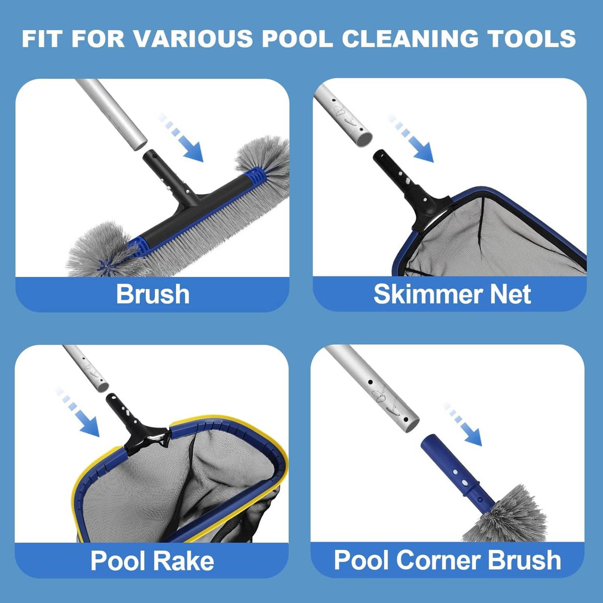 Pool cleaning tool set: brush, skimmer net, pool rake, and corner brush