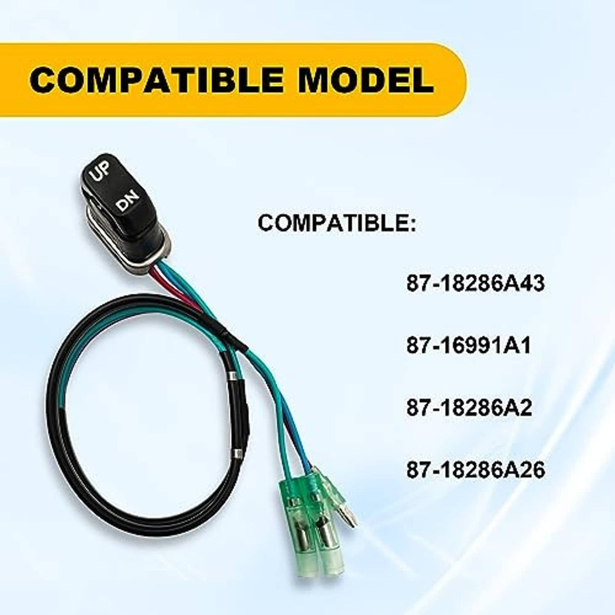 Marine trim switch with UP/DN rocker, green connector and black cable harness