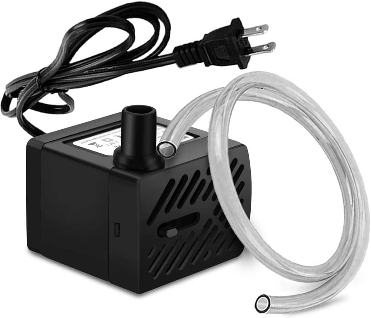 Black mini submersible water pump with clear hose and two-prong power plug
