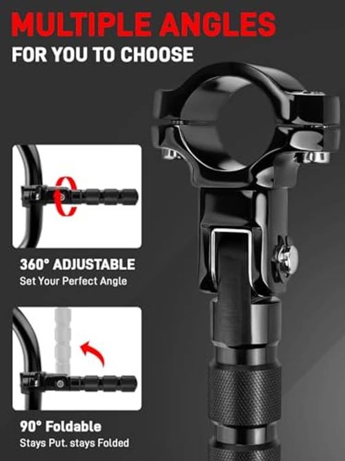 Black adjustable highway footpeg with circular clamp, knurled grip, and foldable lever