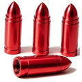 Set of red bullet tire valve stem caps with metallic ridges and threaded opening