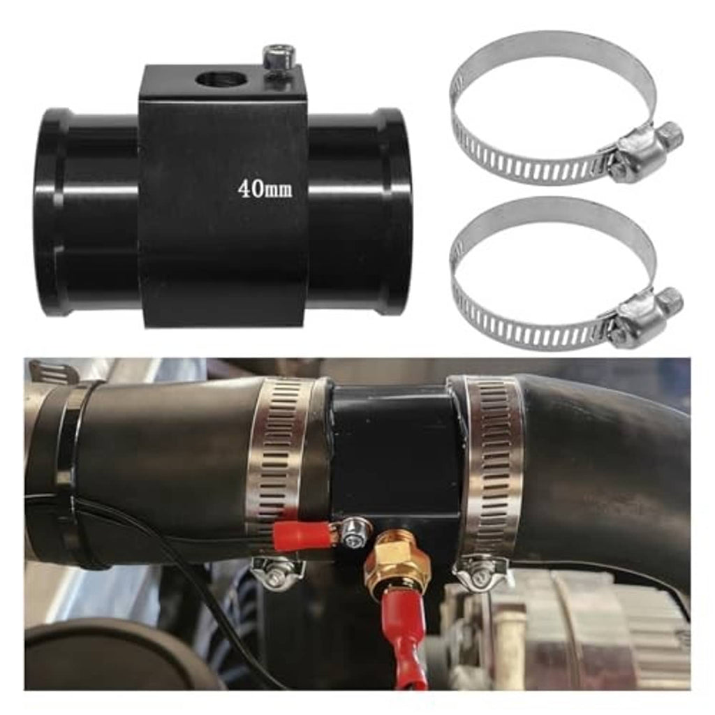 Black 40mm water temperature sensor joint pipe with two hose clamps and engine bay view