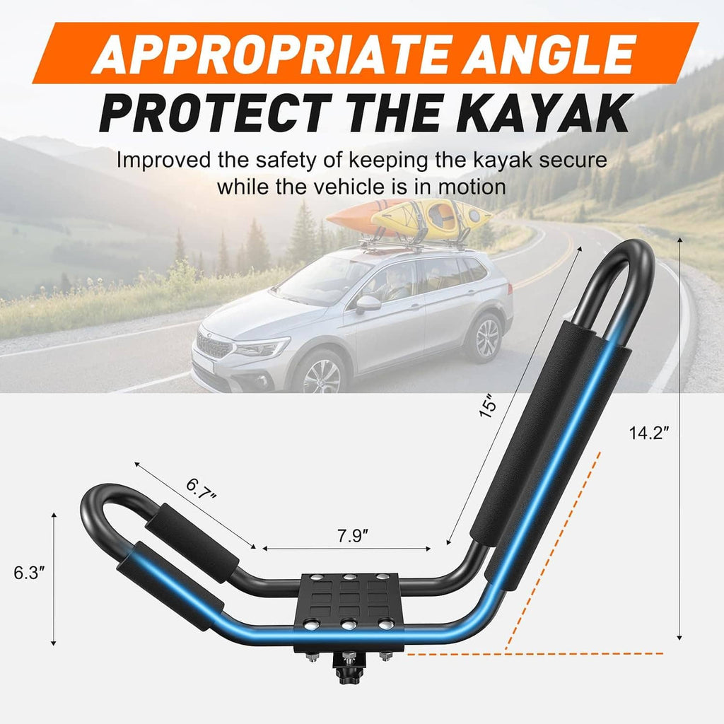 Black kayak roof rack with blue-accented frame and mounting bracket, shown with dimensions