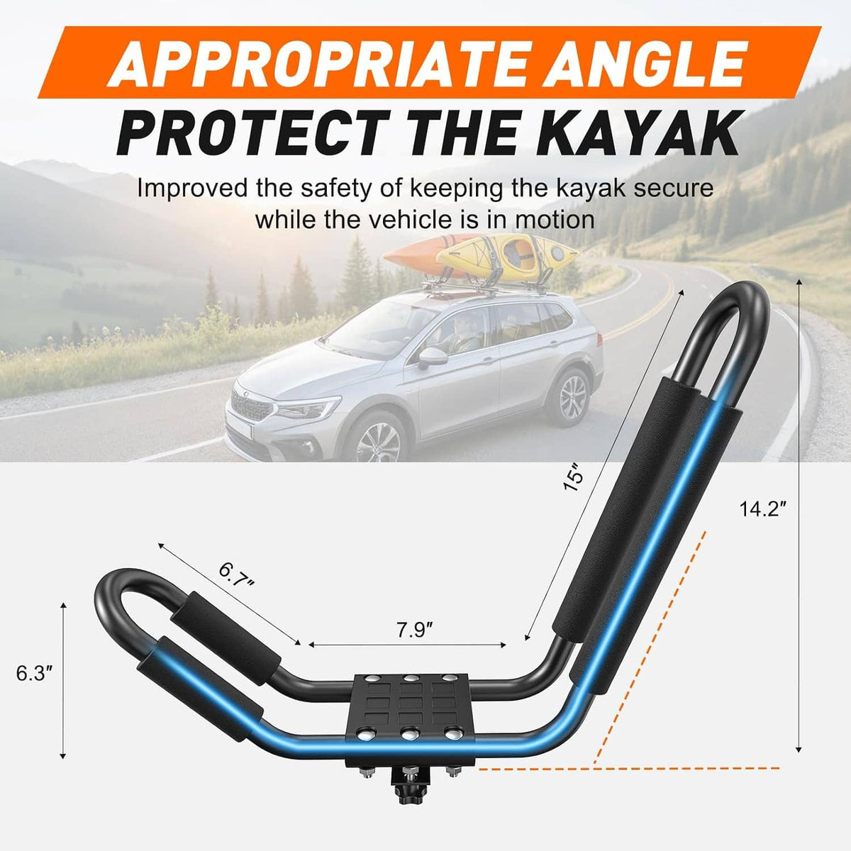 Black kayak roof rack with blue-accented frame and mounting bracket, shown with dimensions
