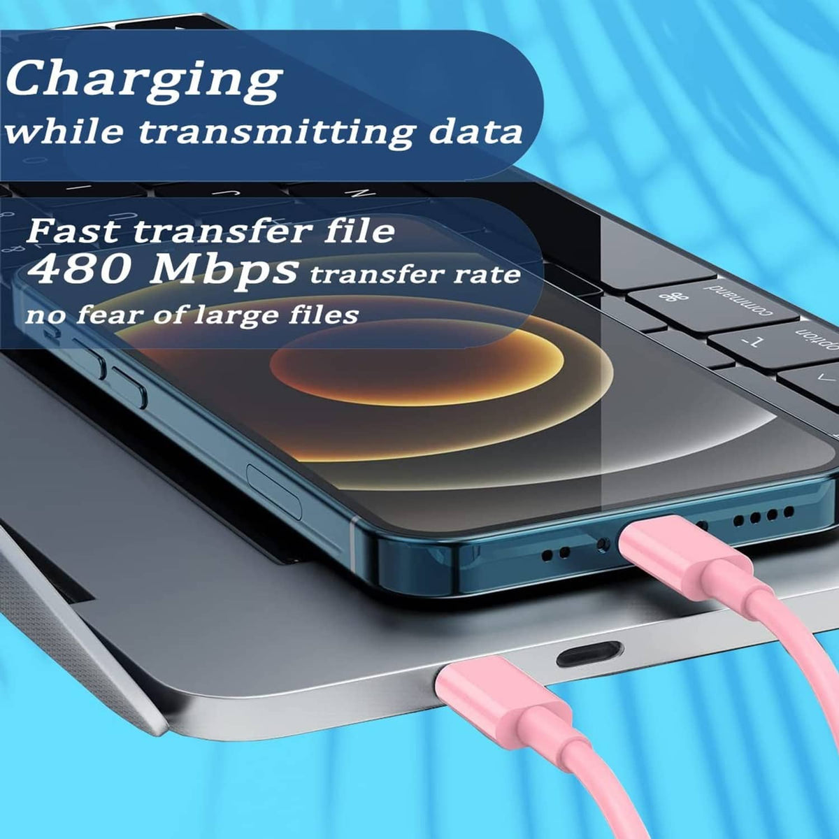 Pink charging cable connected to smartphone for data transfer and fast charging