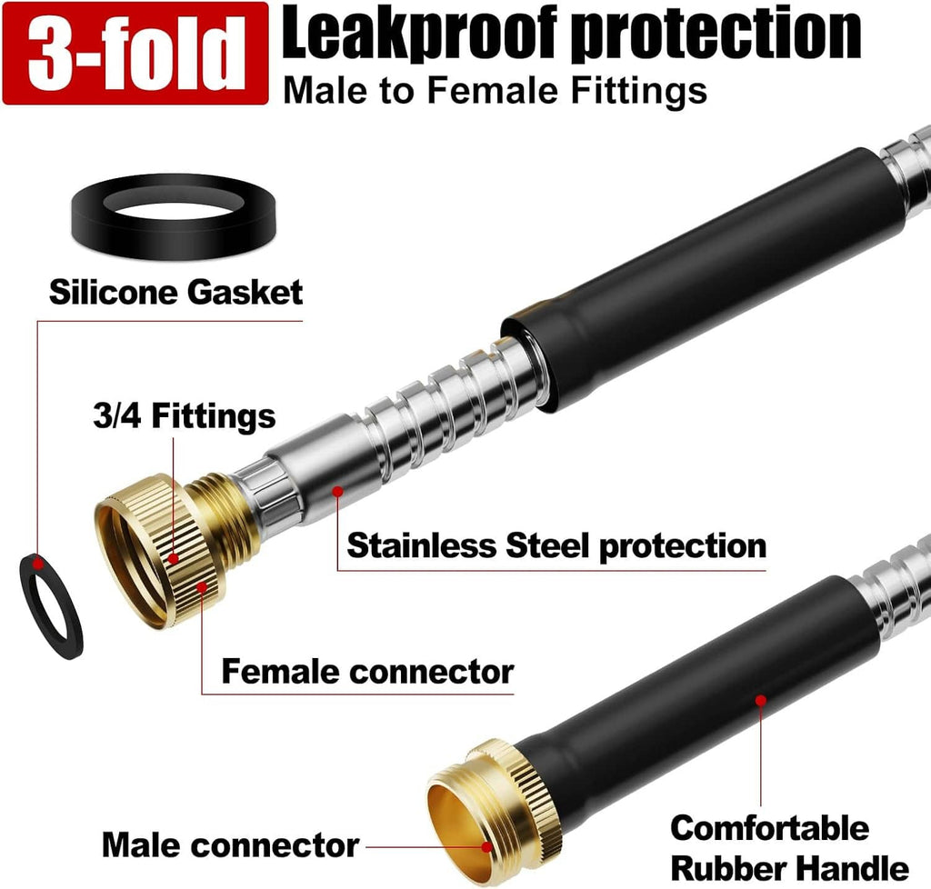 Stainless steel hose connectors with black rubber handle and braided metal tubing