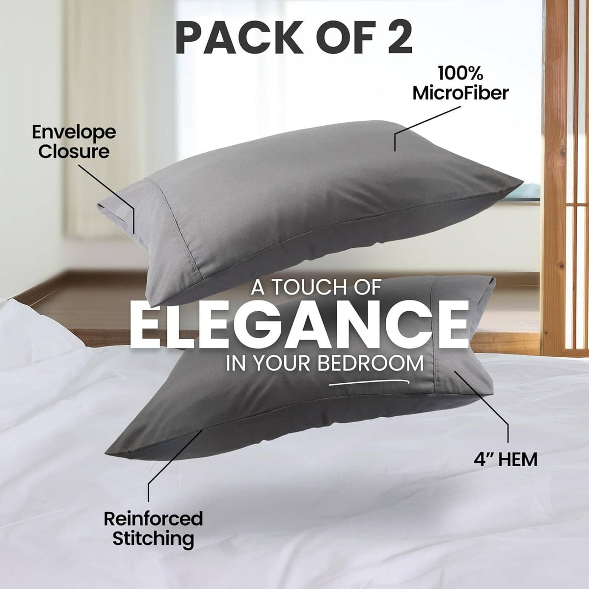 Two gray microfiber pillow covers with envelope closure and reinforced stitching.