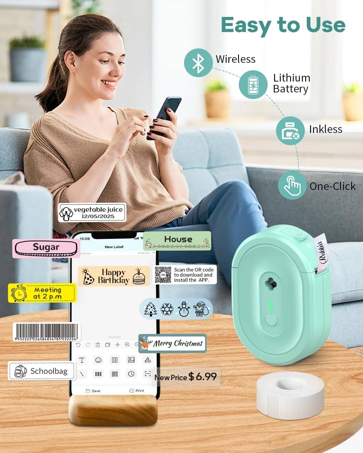 Turquoise label maker creating colorful labels; person holds phone