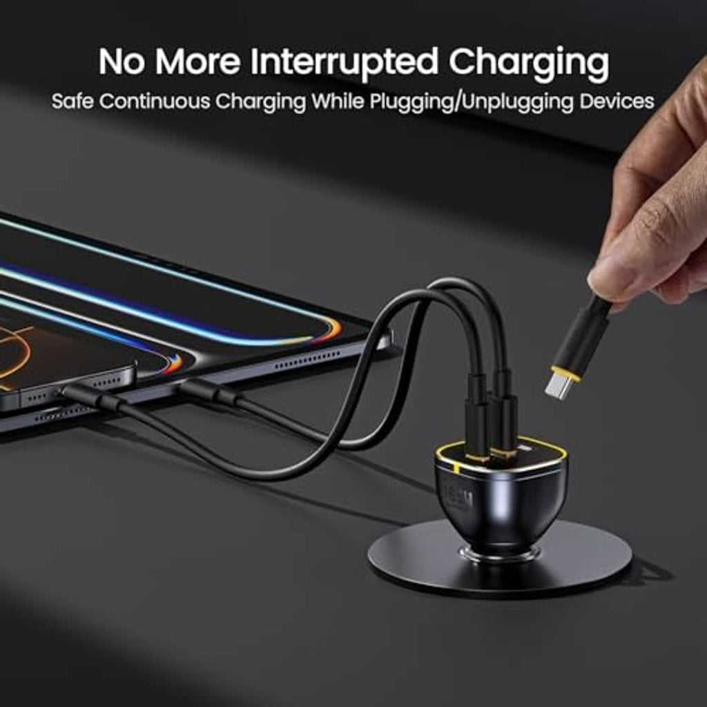 Black car charger adapter with a yellow-accented USB-C plug being connected by hand.