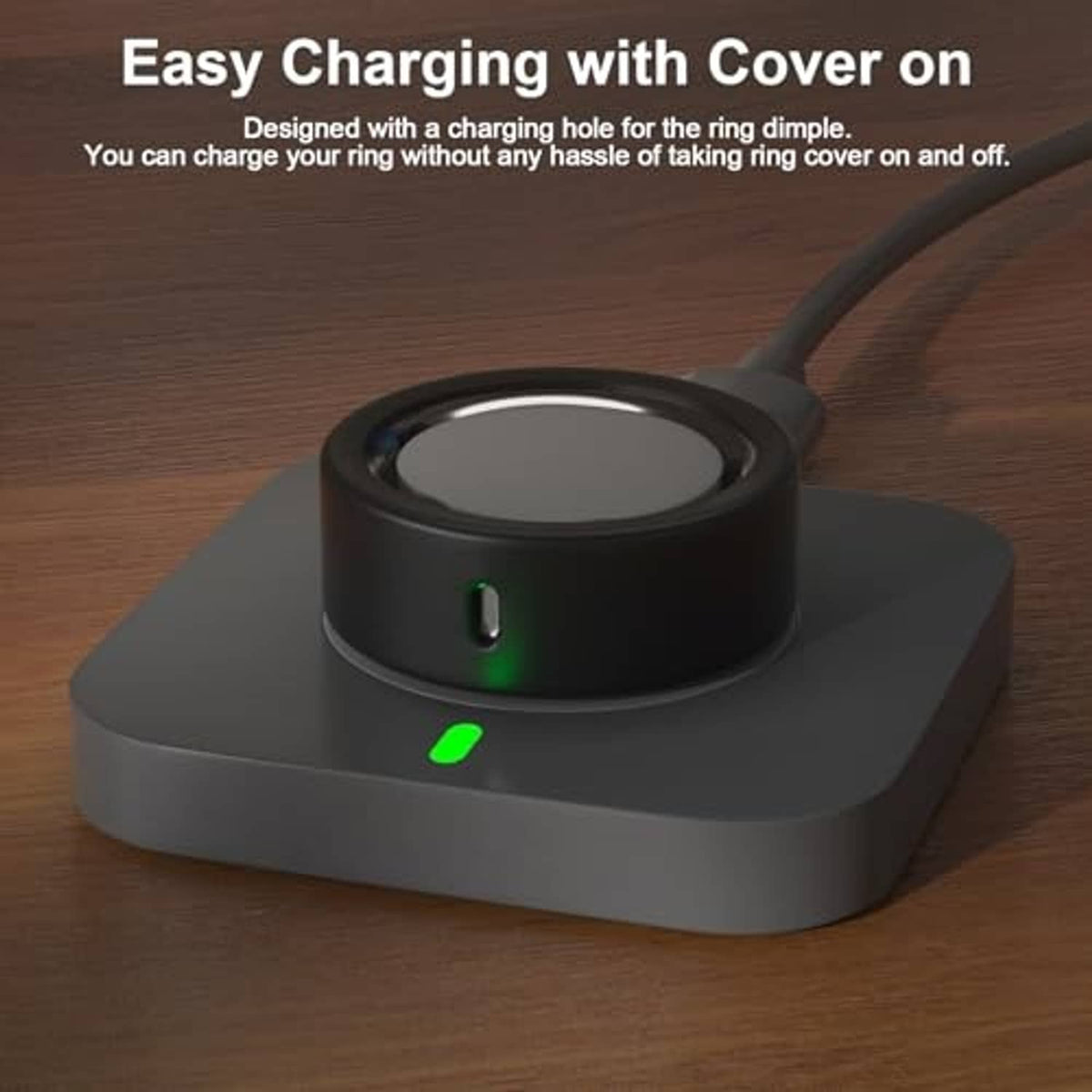 Black charging dock with LED indicator and ring case on top