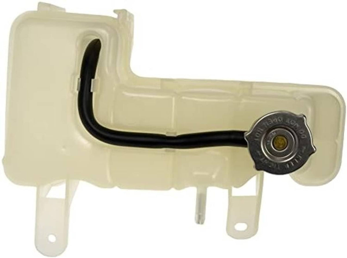 Pressurized coolant reservoir with cap and black hose, light beige tank with bracket