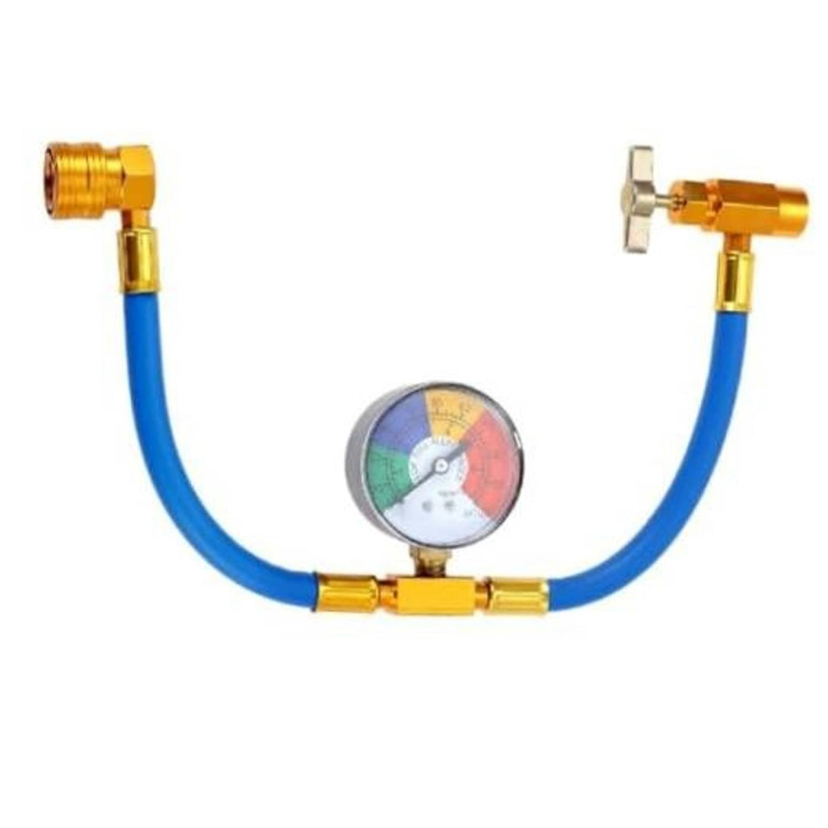 Refrigerant charging hose kit with blue hose, brass fittings, and round pressure gauge