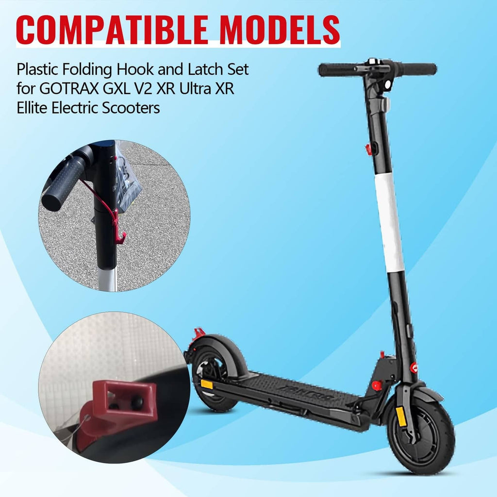 Red plastic folding hook and latch attached to a black electric scooter