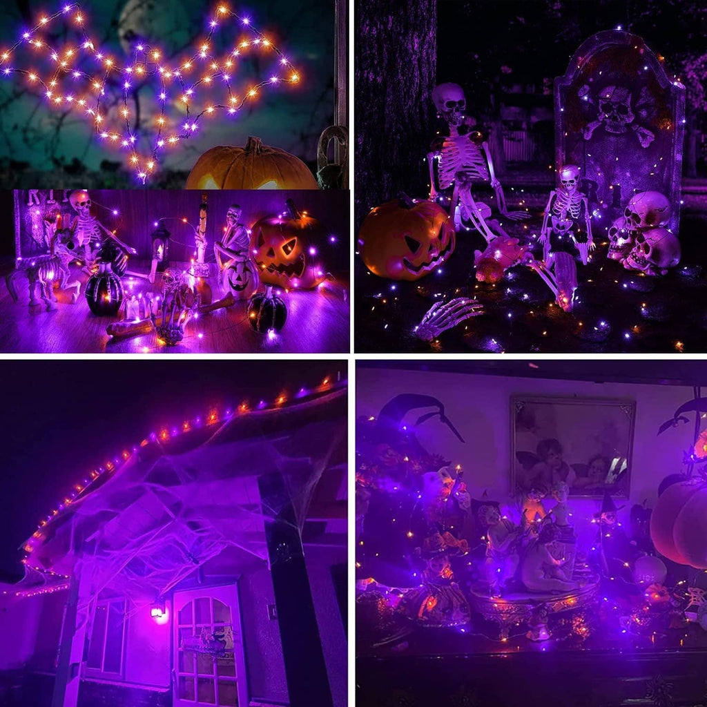 Purple LED solar string lights with orange accents around pumpkins, windows, and yard decor