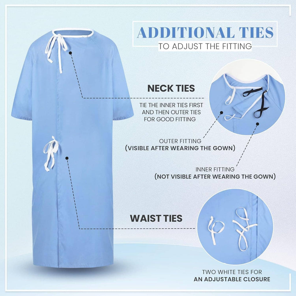 Men's patient hospital gown, light blue with adjustable neck ties and waist ties