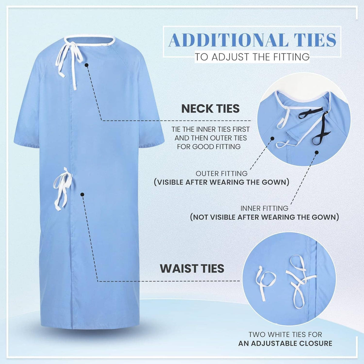Men's patient hospital gown, light blue with adjustable neck ties and waist ties