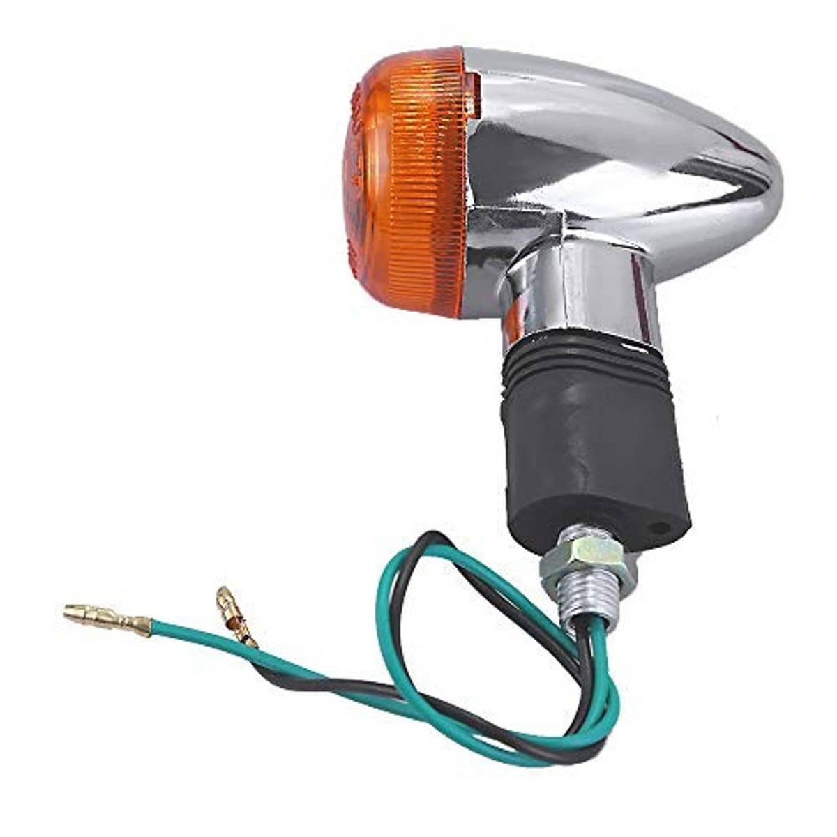 Motorcycle turn signal light with amber lens, chrome cover, black base, and teal wire leads