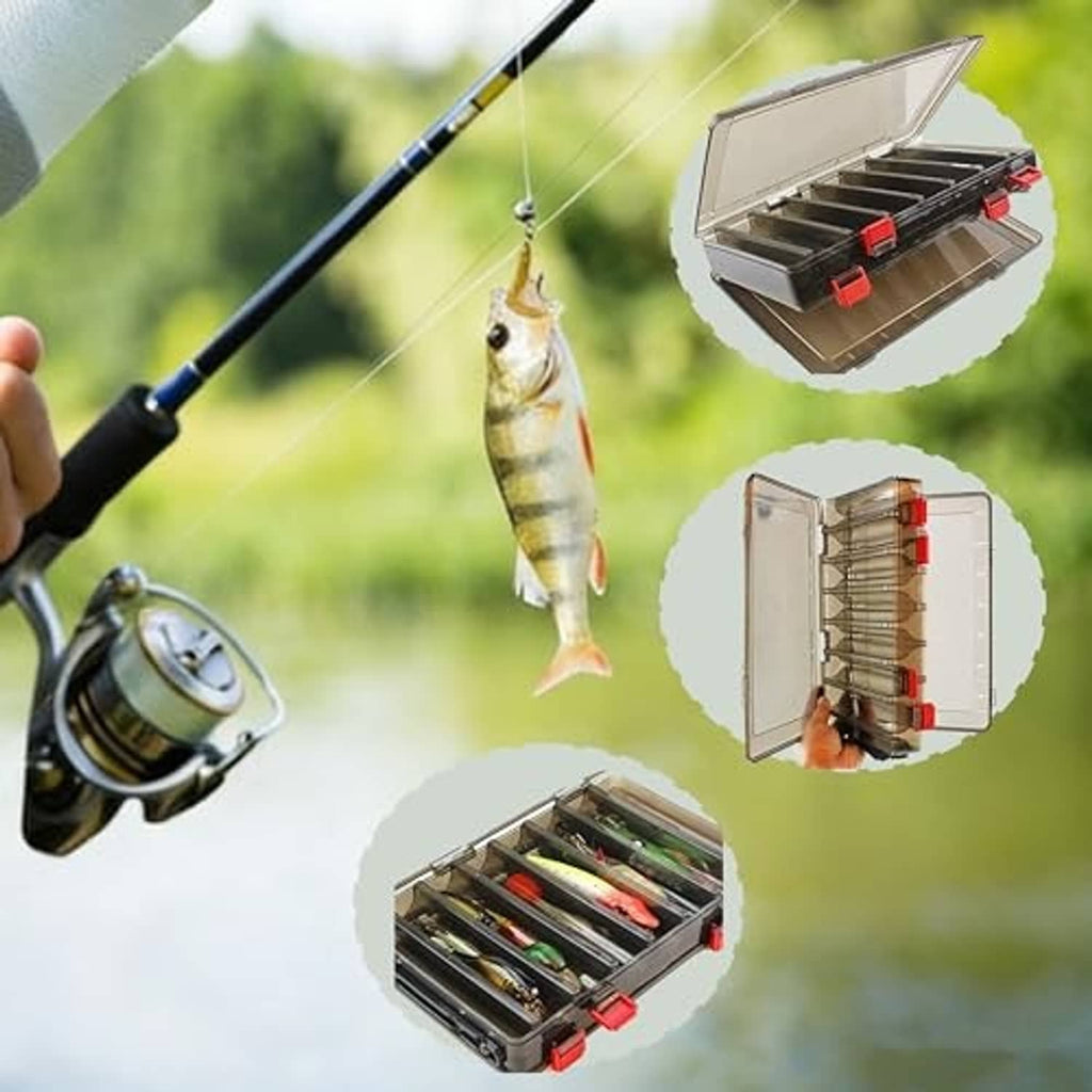 Double-sided tackle box opened, transparent top showing rows of lures and red latches
