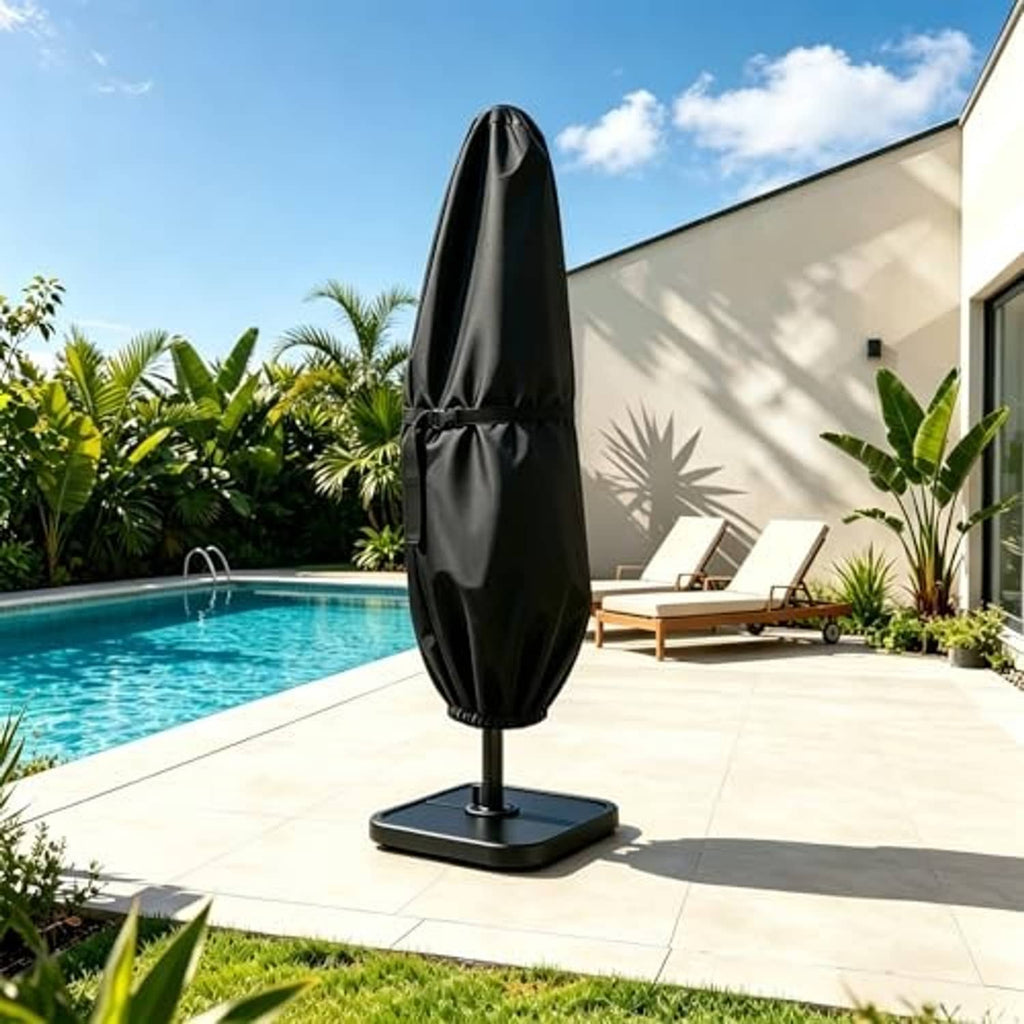Black patio umbrella cover on a freestanding cantilever base outdoors