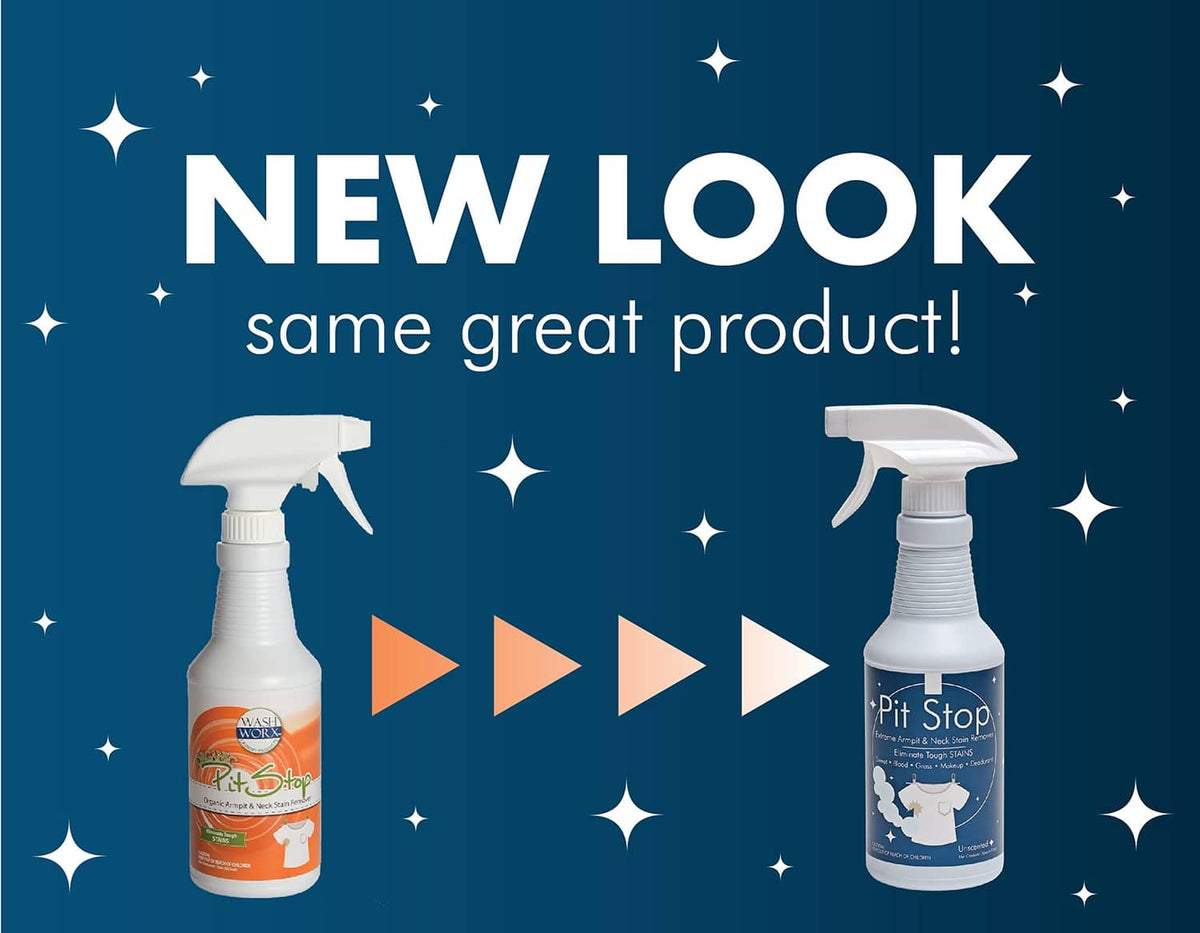 Two Pit Stop stain remover spray bottles shown on a promotional graphic