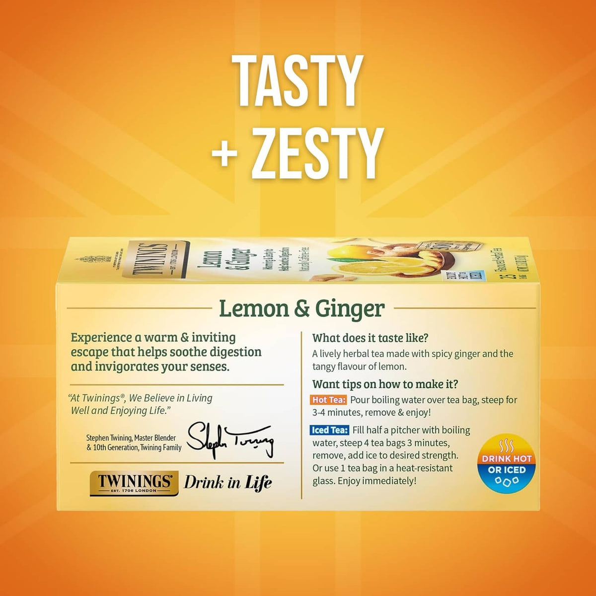 Twinings Lemon & Ginger herbal tea box back panel with brewing tips and serving info