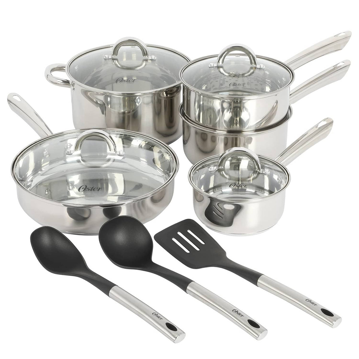 Stainless steel cookware set: lidded pots and pan with black-handled utensils