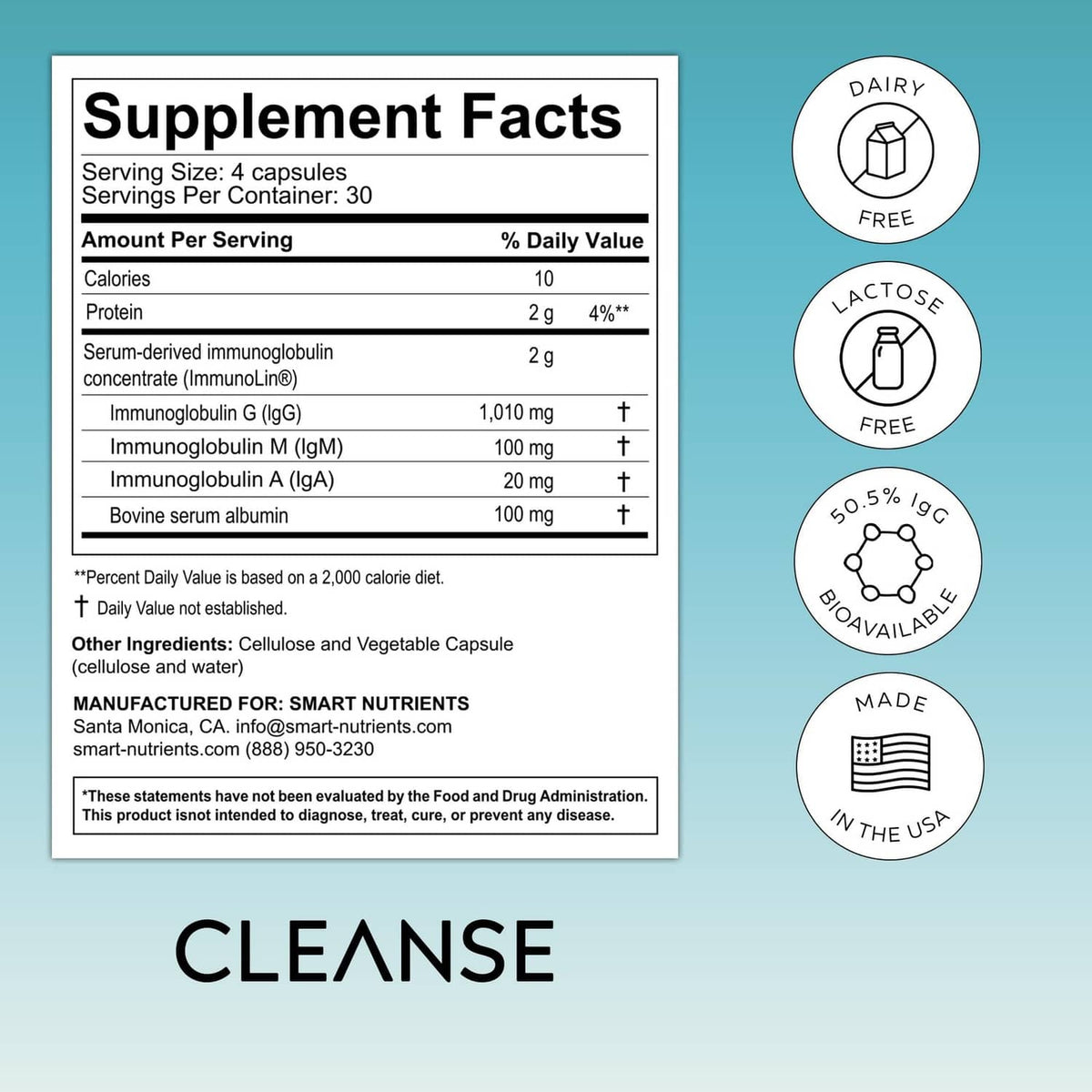 Supplement Facts label panel for CLEANSE, with dairy-free and lactose-free badges